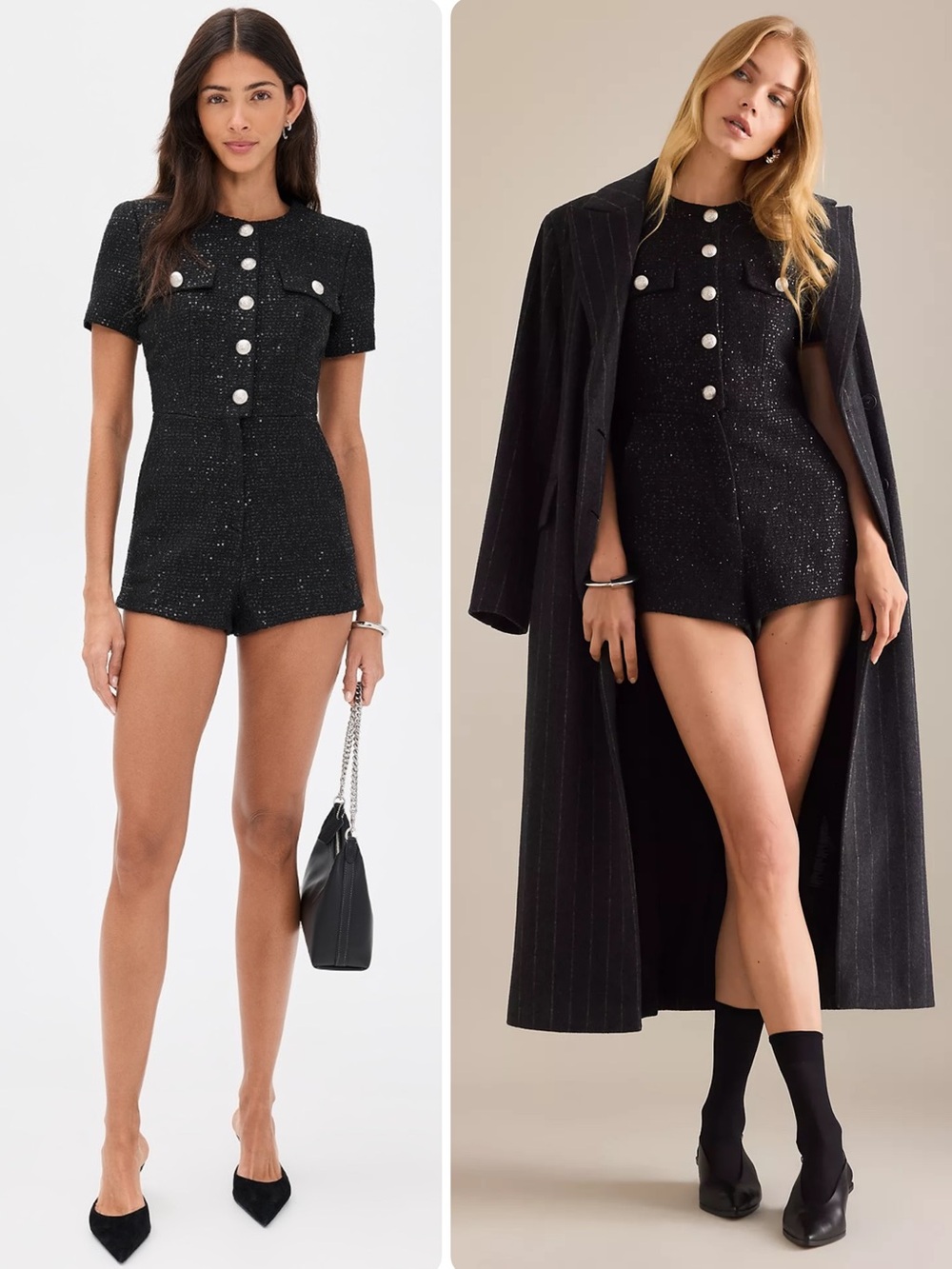 Bardot Estelle Boucle Tweed Sequin Short-Sleeve Silver Buttons Romper NWT $259